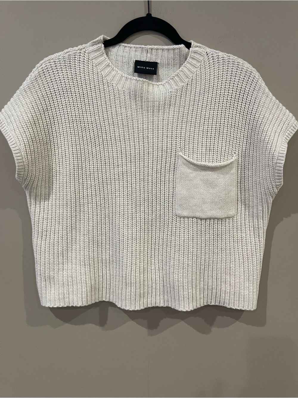 Miou Muse Cream Short-Sleeve Crewneck Sweater with Front Pocket